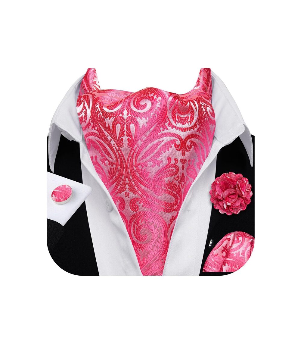 7406 Ascot Tie Cravat Set Hot Pink Paisley Scarf Neckties Pocket Square